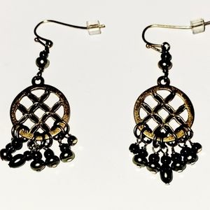 Earrings Gold Dangle Grid Design with Pearl Beads, New.